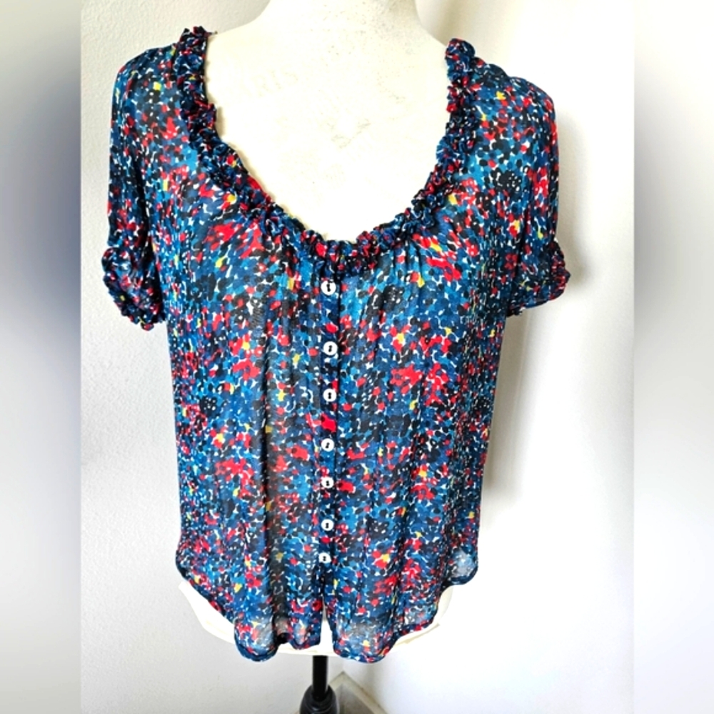 🇨🇵 french connection floral blouse multicolor short sleeves size 2 🇨🇵